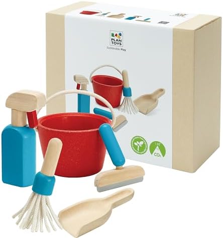 PlanToys® Cleaning Set | Montessori Wooden Housekeeping Play Set for Kids | Includes Broom, Mop, Dustpan, Bucket & Duster | Eco-Friendly Pretend Play Toy for Practical Life Skills & Responsibility by PlanToys