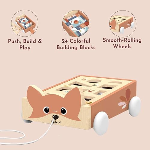 SPEEDY MONKEY Wooden Fox Blocks Cart | 24-Block Wagon Pull Toy Kids Gift - Image 5