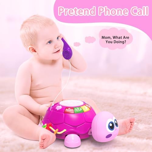 Ussybaby Musical Turtle Baby Toys 6 to 12 Month,Infant Light-up Musical Tummy Time Toy with Phone,Baby Crawling Toys for 7 8 9 12 Months Old,Easter Birthday Girl Gift for 3 4 5 Month+(Pink) - Image 4