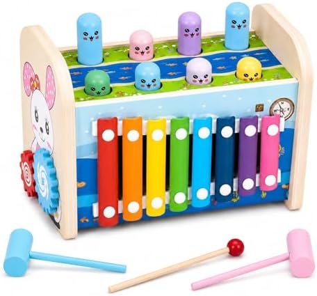 4-in-1 Wooden Hammering Toy with Xylophone, Clock and Gears, Ages 3+ by Liangding