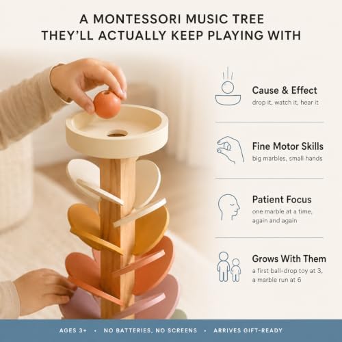 Nolia Wooden Marble Run Music Tree, Montessori Ball Drop Toy for Toddlers and Kids - 3 Glow in the Dark Marbles, 12 Large 1.4 Inch Wooden Balls, 25 Inch Musical Marble Tree, Ages 3+ - Image 7