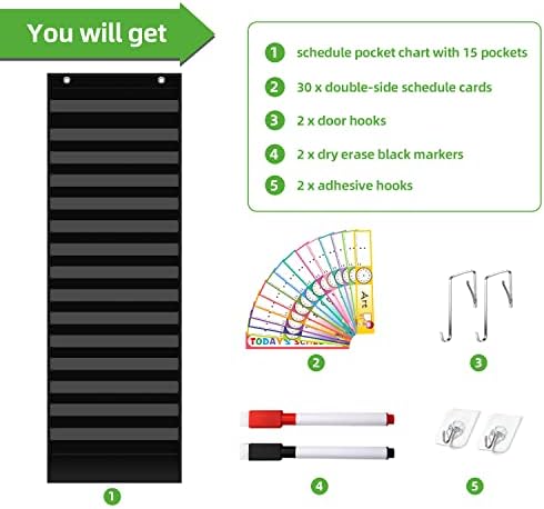 REGELETO 15+1 Pockets Daily Schedule Pocket Chart with 30 Pcs Double-Sided Reusable Cards, Scheduling Pocket Chart for Classroom Office Home School Activity(Black) - Image 3