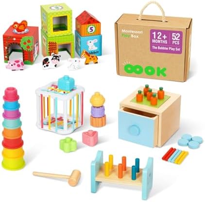 OOOK Montessori Toys for 1 Year Old, 7 in 1 Learning Educational Kit with Sensory Bin,Nesting Box, 3 in 1 Educational Box,Pounding Bench and Baby Stacking Cups by OOOK