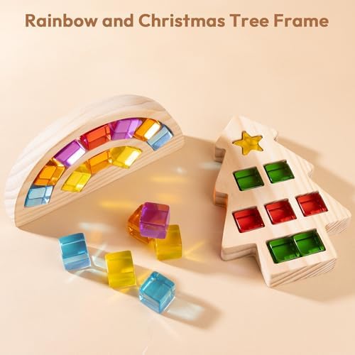 Woodtoe Wooden Building Blocks Set for Kids, Rainbow & Tree Wood Frame - 24 PCS Acrylic Gem Cubes Stacking Blocks, Montessori Stacking Toys, Educational Birthday Toys Gift for Toddlers 3-6 - Image 2