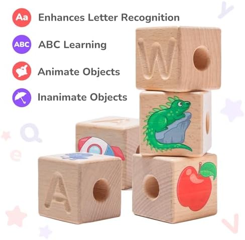 Bimi Boo Alphabet Lacing Letters for Toddlers - ABC Lacing Beads, Fine Motor Threading Wooden Toy with Objects & Animals (26 Large Stringing Blocks, 2 Ropes, Cotton Bag) - Image 5