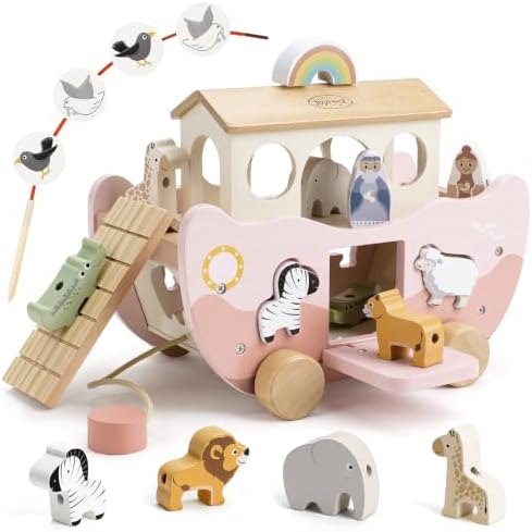 Joyreal Pink Wooden Noah's Ark Toy for 1 Year Old Baby Girl Baptism Gifts by Joyreal