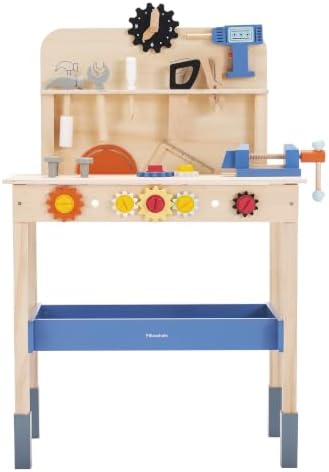Pillowhale Large Wooden Play Tool Workbench Set with Assembly Toys, Workbench with Storage Space for Kids, Pretend Construction Tools Set Wooden Toy Drill Gift for Boys & Girls Age 3-5 by Pillowhaletoys
