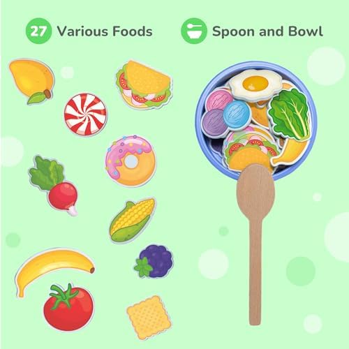 Bimi Boo Wooden Feeding Toy - Montessori Scooping & Fine Motor Toy for Toddlers 1-4 | Speech Therapy & Occupational Therapy Pretend Play Food Set | 27 Foods, Spoon & Bowl - Image 2