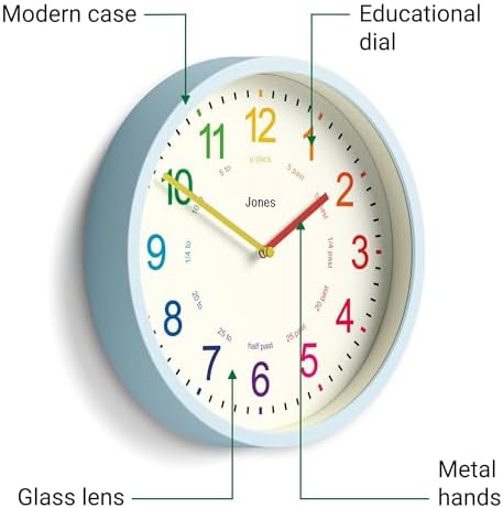 JONES CLOCKS® Kids wall Clock | Small Modern Children’s Nursery Clock | 10" | Pale Blue | Colourful dial for Learning to Tell the time - Image 5