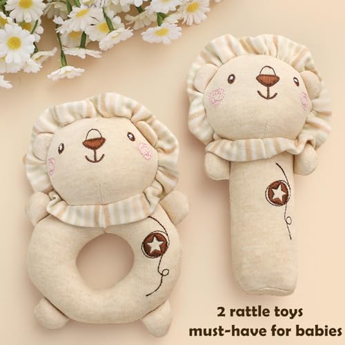 Golray 9pcs Newborn Baby Gift Baskets for Boys Girls Baby Shower, 2 Rattle/Seat Hang Toy/Blanket/Bodysuit/Bib/ 3D Socks/Wood Milestone/Carry Box, Neutral New Born Essential Stuff Unisex Baby Gifts Boy - Image 3