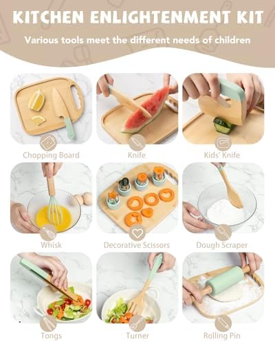 Wooden Kids Cooking Set Montessori Kit - Real Toddler Kitchen Tools & Baking Utensils - 30PCS Cooking Kit for Kids with Storage Bag, Great Gift for Pretend Play & Montessori Learning (Green) - Image 2