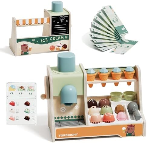 TOP BRIGHT Wooden Ice Cream Set with Scoop, Pretend Play Toy Ages 3+ - Image 2