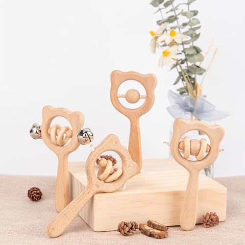 Montessori Wooden Bear Rattle, Teething & Grasping Toy with Bell - Image 4