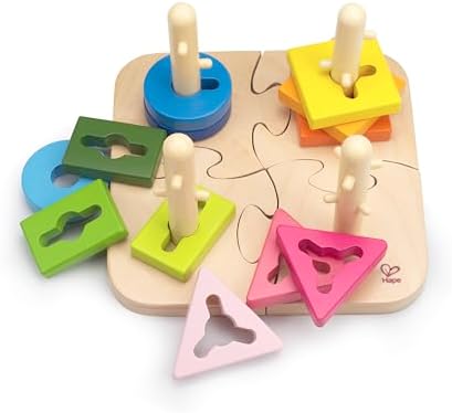 Hape Wooden Creative Peg Puzzle| Shape Sorter Stacking Peg Puzzle| Montessori Color Recognition Stacker Toy for Toddlers by Unknown