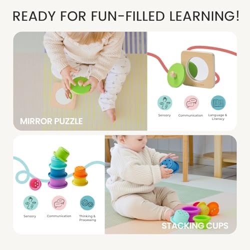 Tiny Land Montessori Toy Set for Babies 7-9 Months Senser Play Kit - 5-in-1 Wooden Learning Toys with Object Permanence Box, Sensory Ball, Stacking Cups and Mirror Puzzle,Body Board Book - Image 4