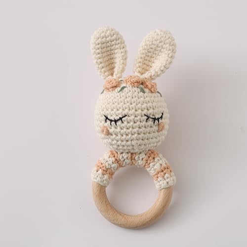 Natural Hand-Knit Wooden Baby Rattle - Soft Animal Shaped Sensory Toy for Newborns, Infants | Safe Beechwood & Crochet Texture | Perfect Baby Shower Gift by GOODMOM