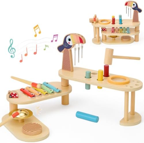 Foldable Musical Instruments Stage , 8-in-1 Montessori Wooden Toys Set Baby Musical Toys with Drum Set Xylophone Wind Chimes Cymbal, Toddlers Activity Table Birthday for Girls Boys by ATOYLINK