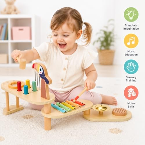 Foldable Musical Instruments Stage , 8-in-1 Montessori Wooden Toys Set Baby Musical Toys with Drum Set Xylophone Wind Chimes Cymbal, Toddlers Activity Table Birthday for Girls Boys - Image 6