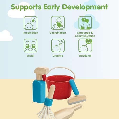 PlanToys® Cleaning Set | Montessori Wooden Housekeeping Play Set for Kids | Includes Broom, Mop, Dustpan, Bucket & Duster | Eco-Friendly Pretend Play Toy for Practical Life Skills & Responsibility - Image 4