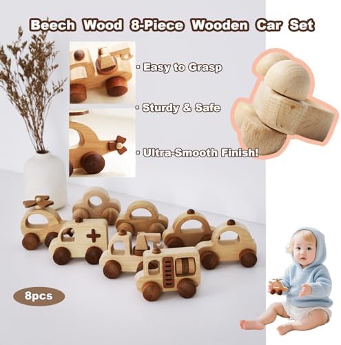 8 Pack Wooden Toy Cars for Toddlers 1-3, Montessori Push Pull Baby Toys, FSC Natural Wood Vehicles Set, Gift for 1 2 3 Year Old Boys Girls - Image 5