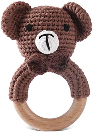 Wooden Baby Rattle Crochet Bear Baby Toys Handmade Newborn Toy Early Development Grips Stuffed Animal Organic Rattle by bopoobo