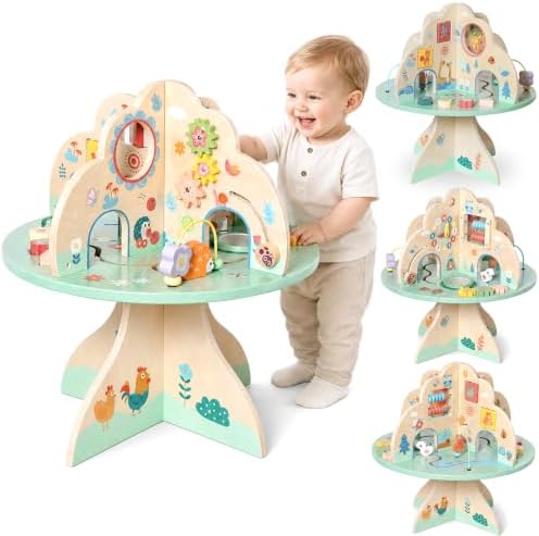 Wooden Activity Table for Toddlers - Forest Animal Multifunctional Play Center with Gears, Shape Sorters, Bead Maze, Montessori Educational Toy, Fine Motor Skills Toy for Babies 12+ Months - Image 6