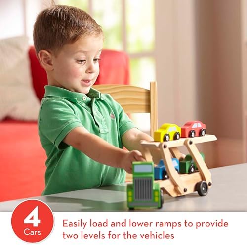 Melissa & Doug Car Carrier Truck and Cars Wooden Toy Set with 1 Truck and 4 Cars 5.75" x 12" x 3" - Image 2