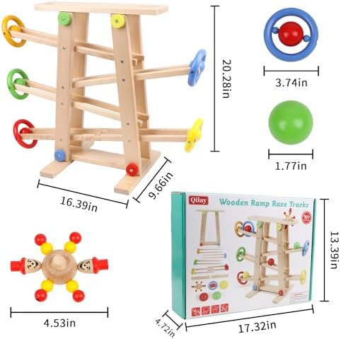 Wooden Wooden Race TrackToys, Wood Car Ramp Racer Toy Vehicle Set with 4 Balls & 5 Race Tracks, Great Educational Montessori Toys for Kids Boys Girls - Image 6