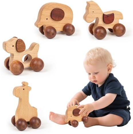 Baby Push Car Montessori Toys, 4PCS Wooden Animal Toy Vehicles for Toddlers, Natural Wood Infant Car Toys (Puppy, Elephant, Pony, Giraffe) for Gift and Decor by DadCarved