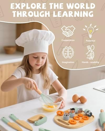 Wooden Kids Cooking Set Montessori Kit - Real Toddler Kitchen Tools & Baking Utensils - 30PCS Cooking Kit for Kids with Storage Bag, Great Gift for Pretend Play & Montessori Learning (Green) - Image 6