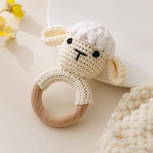 Wooden Baby Rattle - Crochet Lamb and Animal Toy for Newborns and Infants by Chriswell