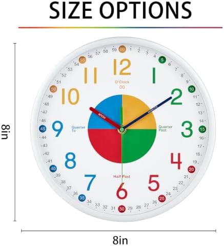 HZDHCLH Kids Wall Clock for Learning to Tell Time, 8 Inch Silent Non Ticking Analog Clock with Four Color Time Disc Battery Operated Educational Clock for Classroom, Bedroom, Homeschool(White) - Image 5