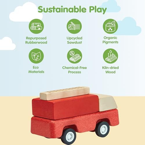 PlanToys® Fire Truck Wooden Montessori Vehicle Kids Indoor Outdoor Play Toy - Image 3