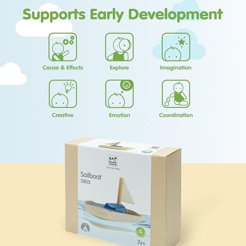 PlanToys® Sailboat Wooden Bath Toy, Eco-Friendly Floating Boat for Kids - Image 4