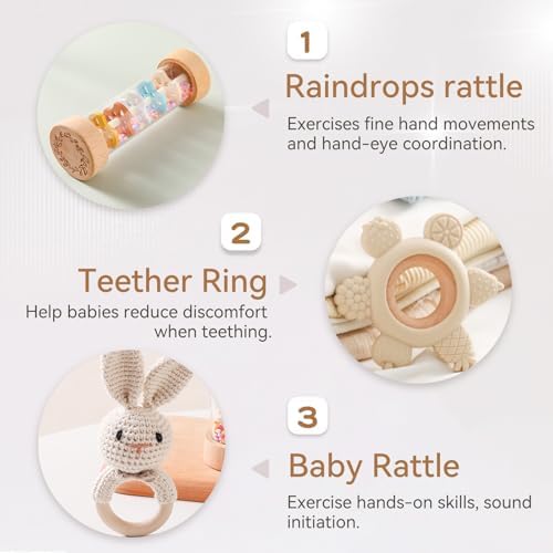 Youuys Wooden Baby Rattle Set (3pcs) - Crochet Rattle Rain Stick Teething Toys, Wooden Montessori Toy for Newborn Infant Baby Rattles Set Toys 3-6-12 Months (Bunny) - Image 3