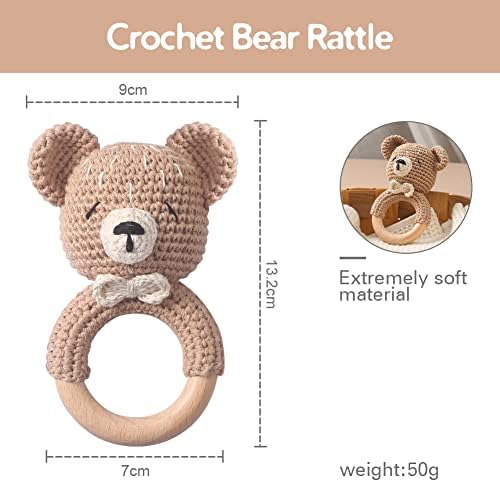 WOODEN TEETHER Baby Rattle, Shaker Toy,Crochet Baby Rattle, Crochet Baby Toys, Organic Wooden Newborn Toys, Newborn Animal Rattle Toys，Knitted Stuffed Animals Gifts for Baby, Kahki Bear - Image 4