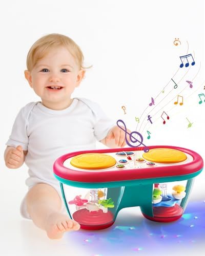 Baby Toys for 6 to 12 Months, Drum Musical Instruments Rotating Light Up Toy for 12-18 Months Kids, Tummy Time Toys for Baby 0-3-6-9 Month, Walker for Baby Boy Girl Toys 1 Year Old (Blue) by Jhoprcin