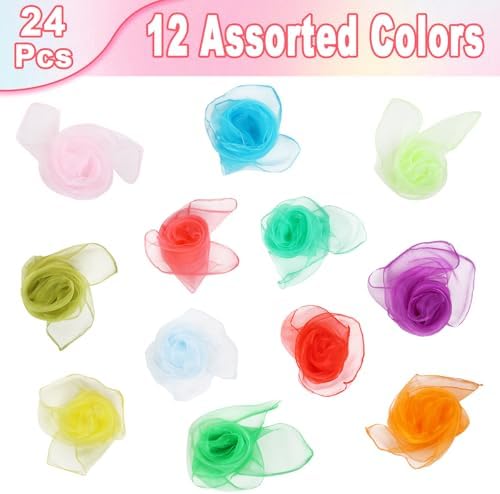 CCINEE 12Pcs Dance Scarves for Kids, Play Music and Movement Square Silk Tricks Scarves for Children at Juggling, Rhythm Band Activities(12 Colors) - Image 2