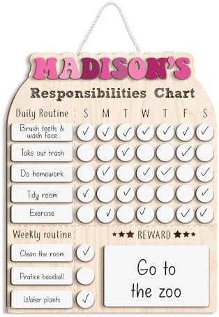 Personalized Wooden Daily Routine Chart 12x15", Responsibilities Chart for Kids, Routine Chart for Toddlers, Weekly Routine Chart for Girls, Kids Wooden Chore Chart by TinyKidz