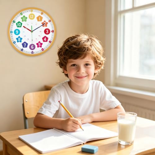 HZDHCLH Kids Wall Clock for Learning to Tell Time 8 Inch Silent Non Ticking Analog Clock with Colorful Shape Numbers Battery Operated Educational Clock for Classroom, Bedroom,Homeschool(Wood Grain) - Image 7