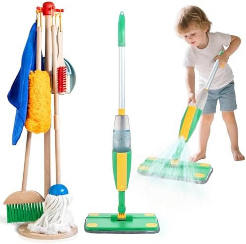WOODMAM Wooden Kids Cleaning Set with Spray Mop, Toddler Broom Mop Set by WOODMAM
