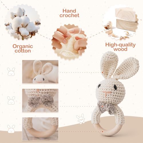 Handmade Crochet Easter Bunny Wooden Baby Rattle Toy for 0-6 Months - Organic Stuffed Animal for Newborn - Image 3