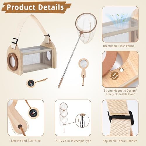 Wooden Bug Catching Kit for Kids - 10 PCS Outdoor Exploration Set with Bug Habitat, Magnifying Glass, Bug Container &Other Adventure Kit —STEM Educational Toy for Boys & Girls Ages 4-8 - Image 3