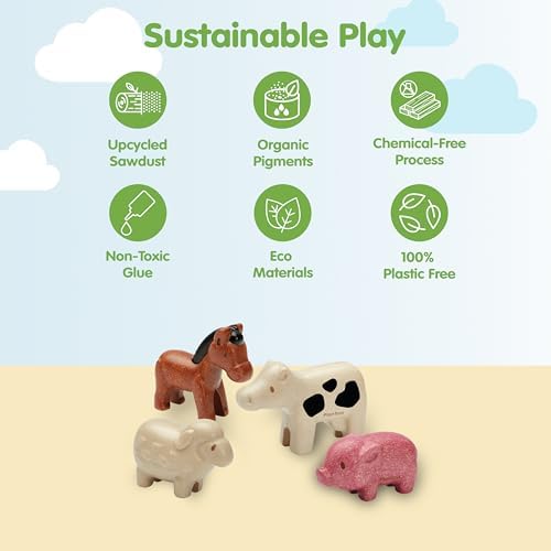 PlanToys Farm Animal Figurines Set - Four Cute Sustainably-Made Wood Pig, Sheep, Cow, and Horse Figures to Stimulate Interactive and Creative Play - Image 3
