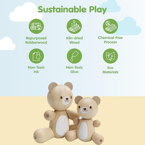 PlanToys® Bear & Little Bear Wooden Rattle & Teether Set | Montessori Sensory Toy for Grasping, Auditory Learning & Motor Skills | Eco-Friendly Infant Educational Toy - Image 2