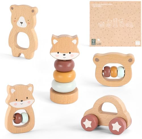 FReniland Wooden Montessori Toys, 5-Piece Wooden Baby Toys, Bear Baby Rattle, Fox Stacking Ring, Car Push and Pull Toys, Bear Grasping Toys,Newborn Baby Gift Sets for Boys and Girls by Freniland