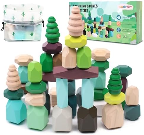 YHHYTOY 40Pcs Montessori Wooden Stacking Rocks Building Blocks Forest Theme by YHHYTOY