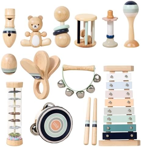 12 PCS Wooden Baby Musical Instruments Set, Montessori Style Sensory Percussion Toys for Toddlers 1-3, Non-Toxic Natural Wood Shakers & Rattles, Early Learning Educational Gift for Infant Boys Girls by WODIWOODENTOYS