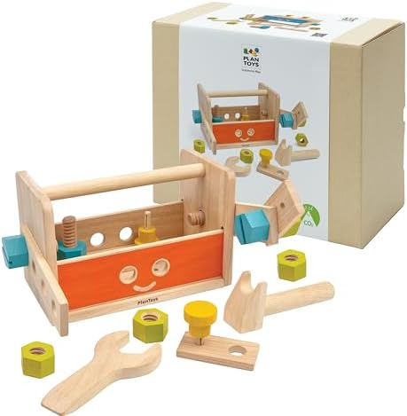 PlanToys Wooden Transforming Robot Tool Box with Wrench, Nuts & Bolts, Wooden Planks, and Shapes| Sustainably Made from Rubberwood and Non-Toxic Paints and Dyes by PlanToys