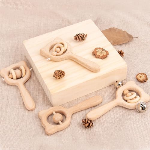 Montessori Wooden Bear Rattle, Teething & Grasping Toy with Bell - Image 2